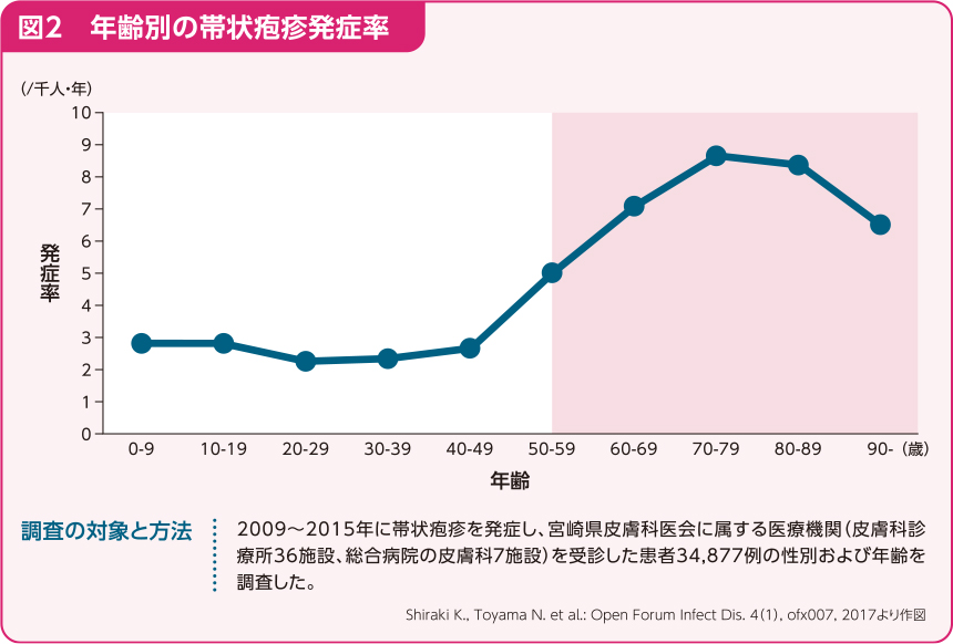 図2、年齢別の帯状疱疹発症率
