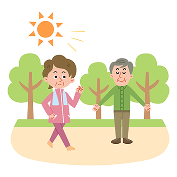免疫機能を下げないように、ウォーキングや日光浴をしている人のイラスト